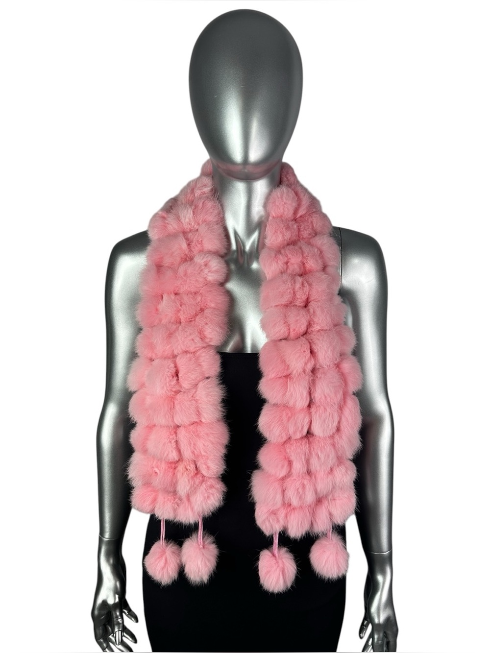 Pink RABBIT Scarf w/POM POMS, 47” L, Certified Vintage Fur